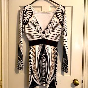 Body con black, white, accents of gold dress